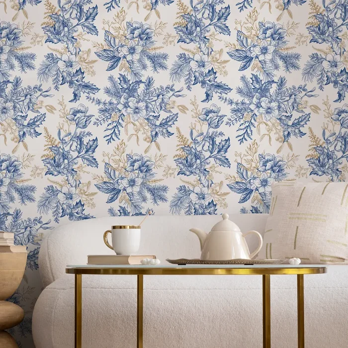 Botanical Wallpaper With Vintage Floral Bouquets In Blue And Gold – B852