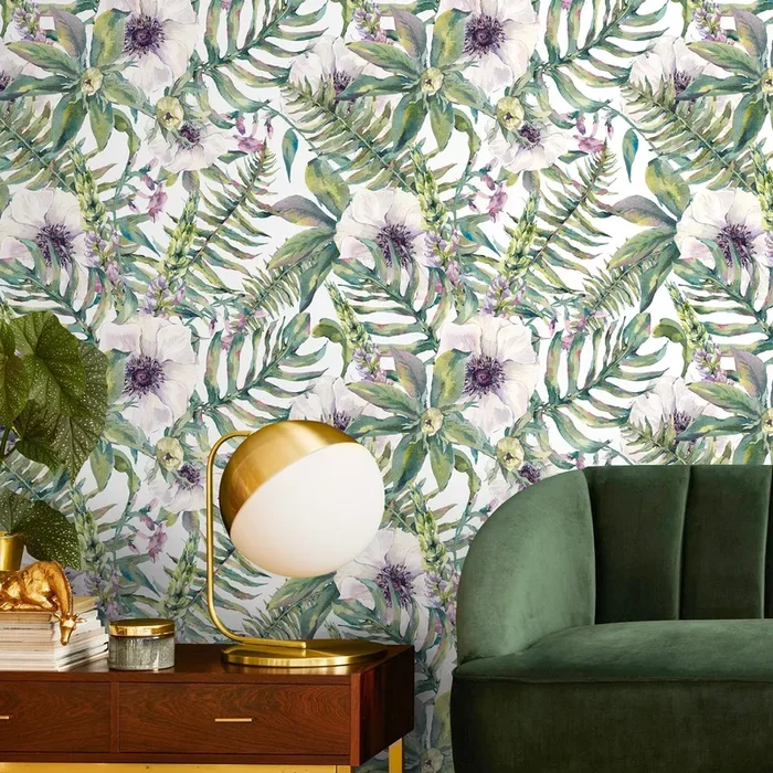 Botanical Wallpaper With Watercolor Anemones In Green And Purple – A529