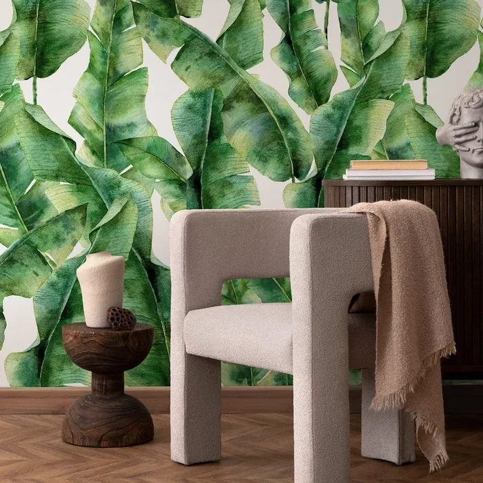 Botanical Wallpaper With Watercolor Banana Leaves In Green And Yellow – A132