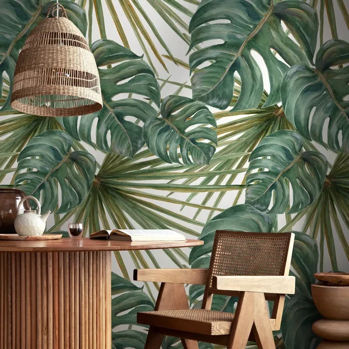 Botanical Wallpaper With Watercolor Monstera And Palm Leaves In Green – A259