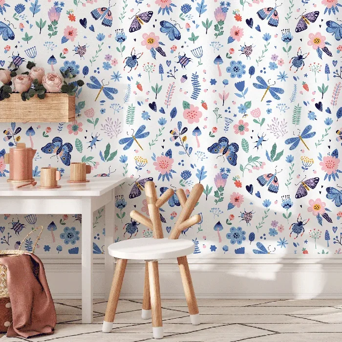Botanical Wallpaper With Whimsical Butterflies And Wildflowers In Blue And Pink – B530