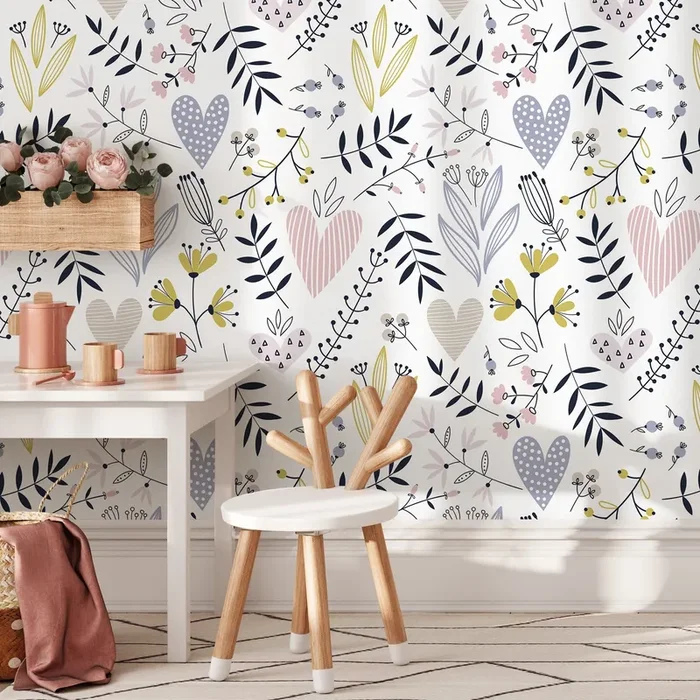 Botanical Wallpaper With Whimsical Hearts And Flowers In Pink, Blue, And Yellow – B275