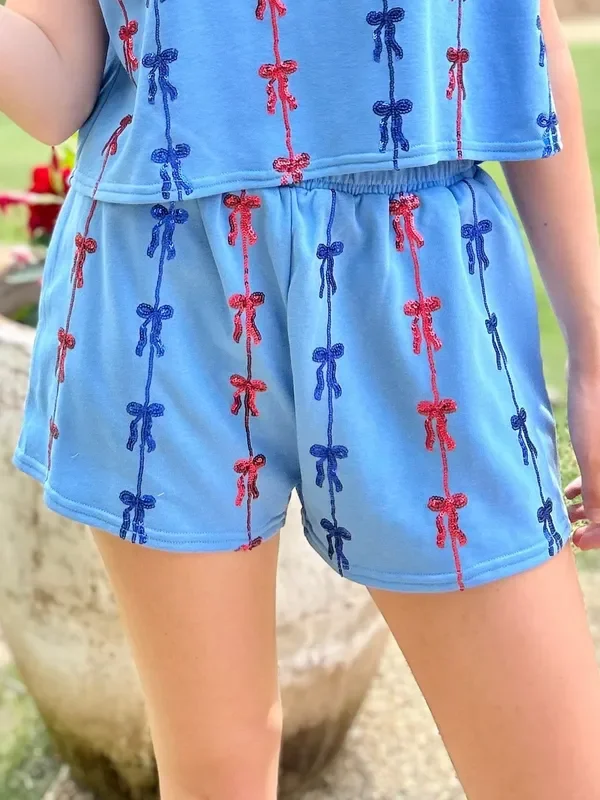 Bow Sequins Embroidered Terry Shorts
