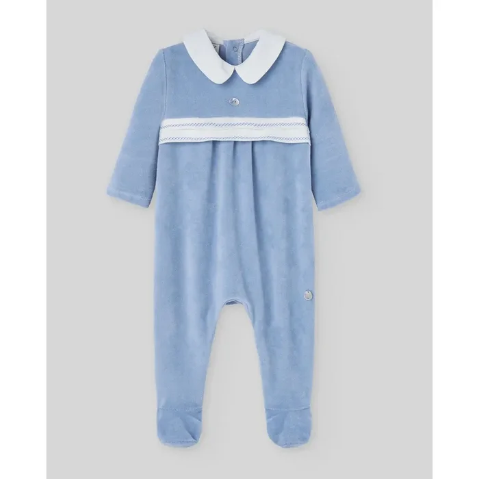 Boys Blue Velour White Round Collared Footie