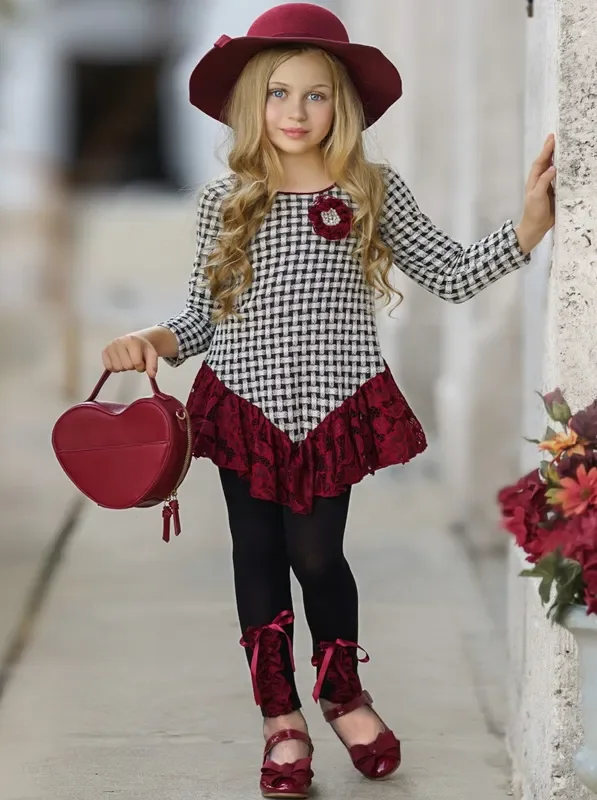 Braided Plaid Lace Trim Tunic and Legging Set