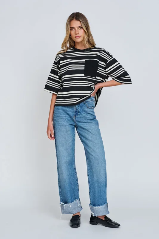 Brooklyn Stripe Slouchy Panel Tee – Black / White