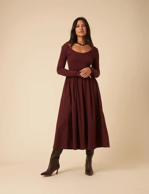 Burgundy Jersey Long Sleeve Skater Midi Dress