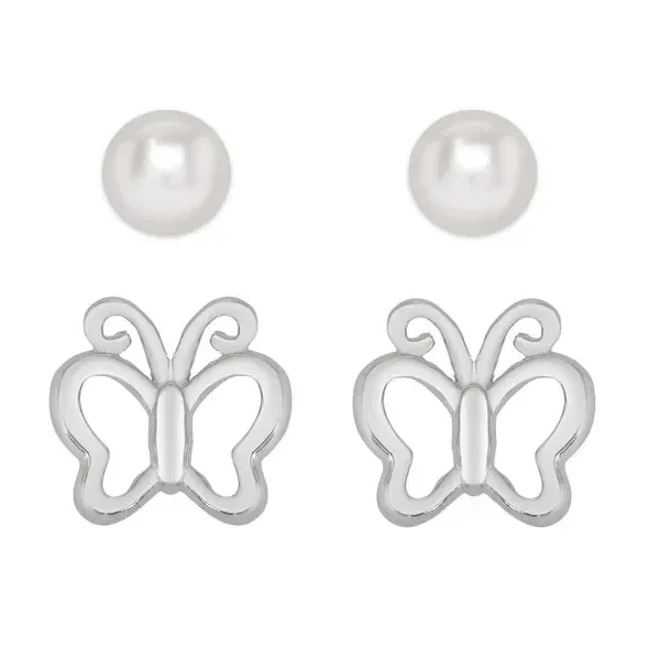 Butterfly & Freshwater Pearl Stud Set in Sterling Silver