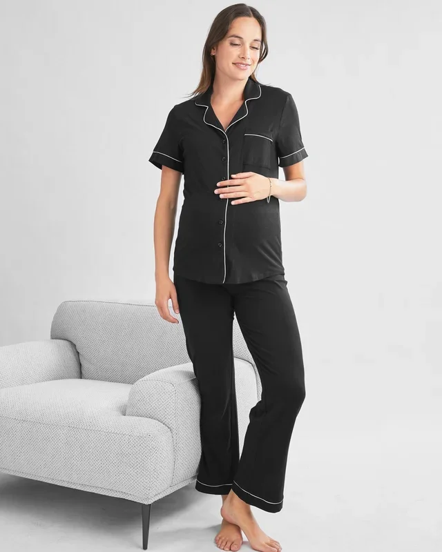 Button Front Short Sleeve Black Maternity & Nursing Pajama Set