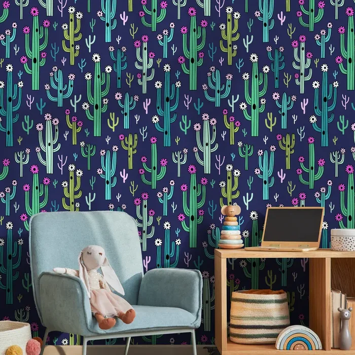 Cacti Wallpaper Featuring Blooming Desert Plants In Navy, Green, And Pink – A958