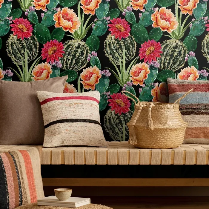 Cactus Wallpaper With Blooming Desert Flowers In Red, Orange, And Green – A913