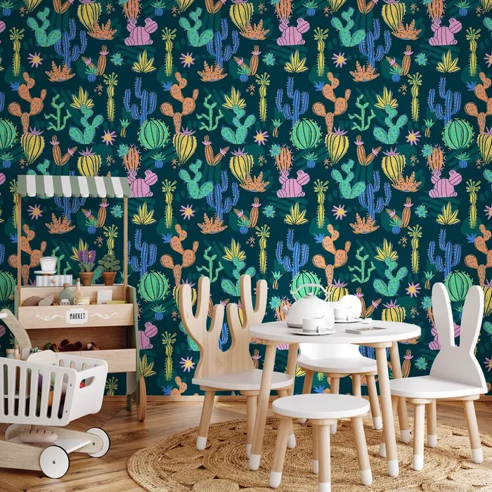 Cactus Wallpaper With Illustrated Desert Plants In Pink, Yellow, And Blue – A910
