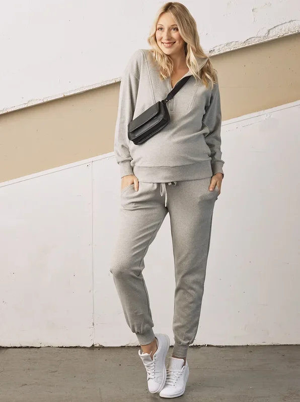 Calla Zip Front Maternity Sweatsuit Set in Marl Grey