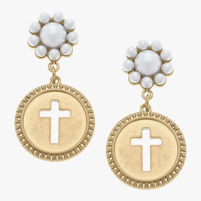 Candace Coin Cross Pearl Earrings