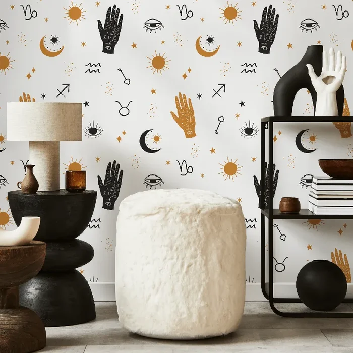 Celestial Wallpaper With Mystical Hands And Stars In Black And Gold – Zabi