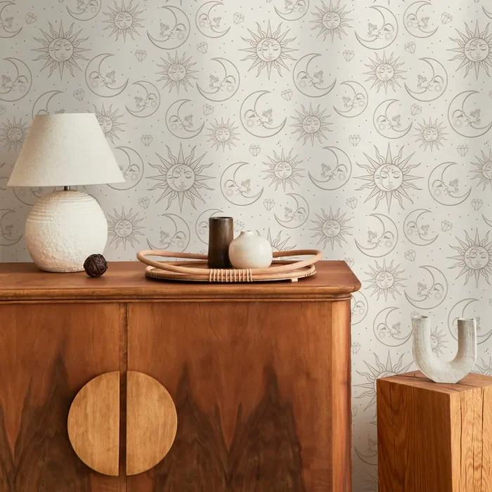 Celestial Wallpaper With Mystical Sun And Moon Motifs In Beige And Brown – Zaba