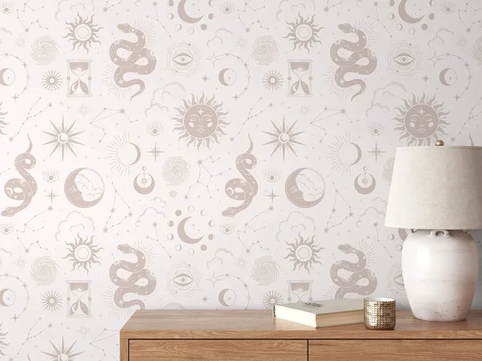 Celestial Wallpaper With Mystical Sun, Moon, And Snake Motifs In Beige – D345