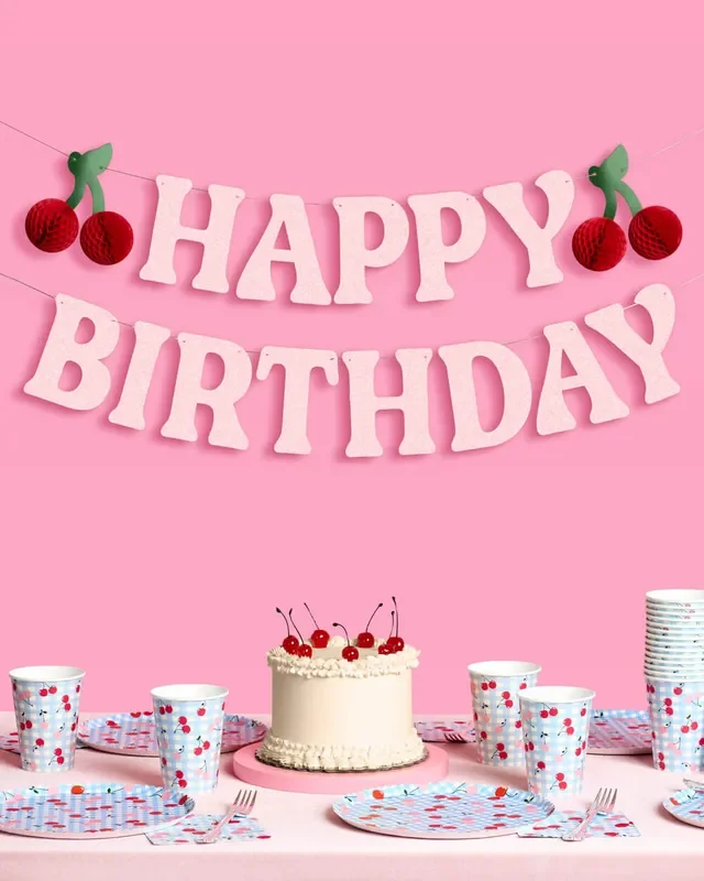Cherry Birthday Bundle – Tableware, Balloons, Banner + Tats