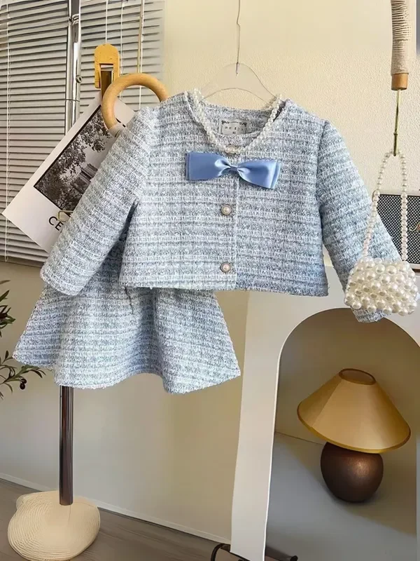 Chic Blue Plaid Girls Tweed Jacket and Skirt Set