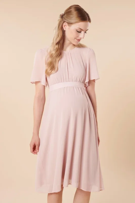 Chiffon maternity dress with flutter sleeves, vintage rose