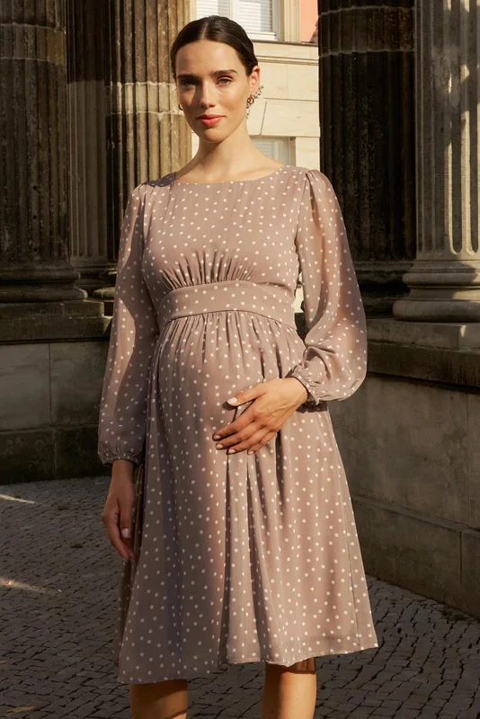 Chiffon maternity dress with polka dots, taupe