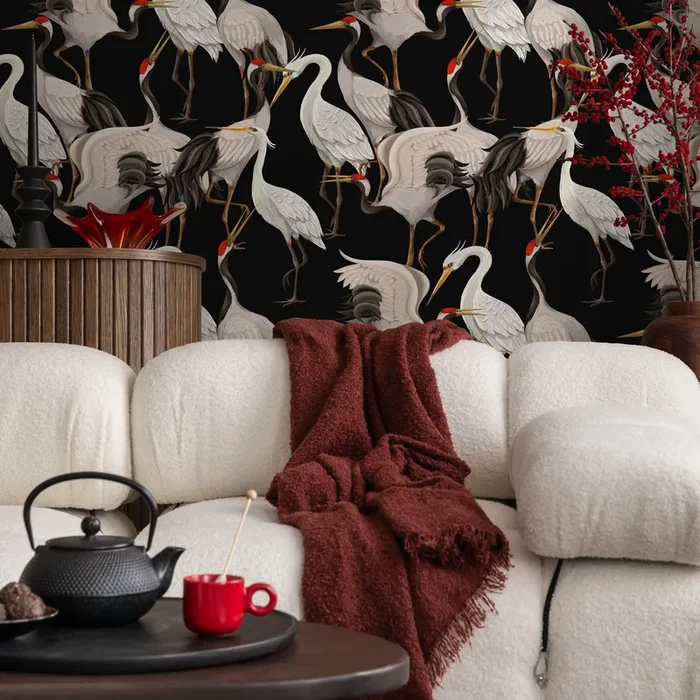 Chinoiserie Wallpaper Featuring Japanese Cranes In Black, White, And Red – C116