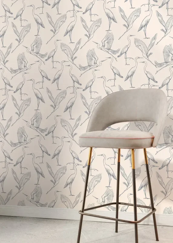 Chinoiserie Wallpaper With A Graceful Crane Motif In Navy Blue And Beige – D104
