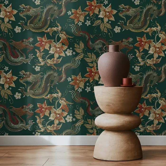 Chinoiserie Wallpaper With An Embroidered Dragon Motif In Green, Gold, And Orange – D873