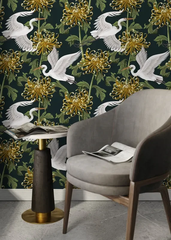 Chinoiserie Wallpaper With Cranes And Chrysanthemums In Dark Green, Gold, And White – D262