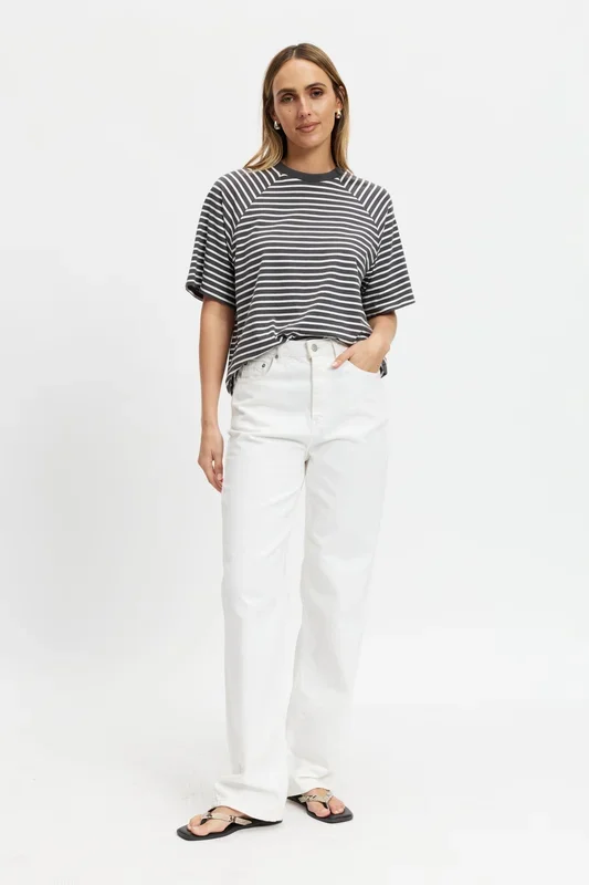 Classique Stripe Box-Cut Tee – Charcoal / White