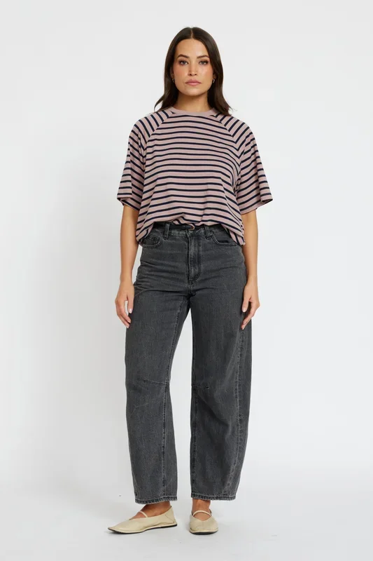 Classique Stripe Box-Cut Tee – Latte / Navy