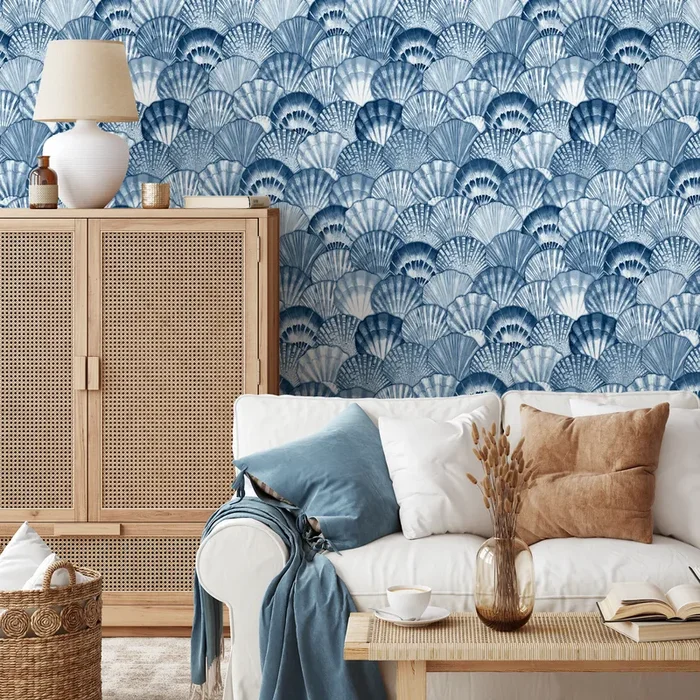 Coastal Wallpaper With A Watercolor Seashell Motif In Blue And White – C698