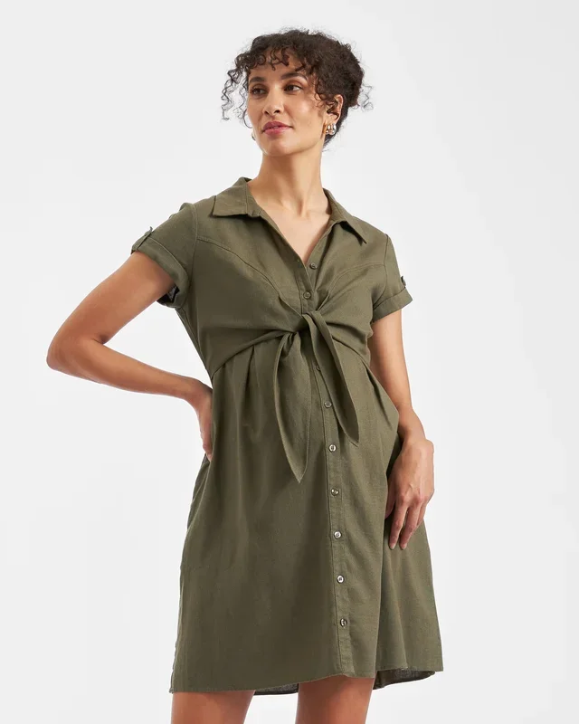 Colette Tie Up Linen Dress Olive