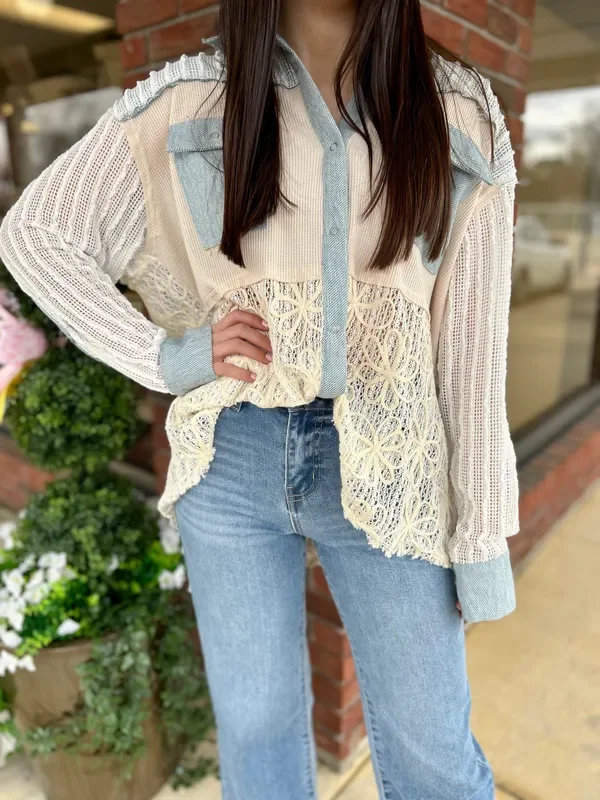 Color Block Textured Lace Button Down Jacket
