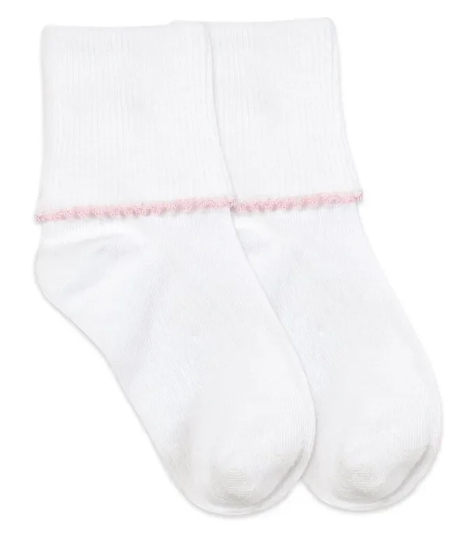 Cotton Turn Cuff Sock Pair white/pink tatted trim