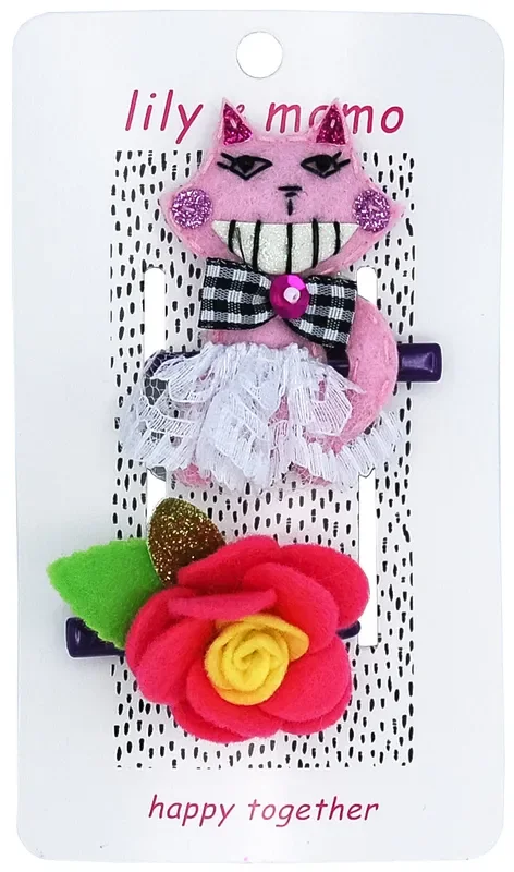 Crazy Kitty & Flower Hair Clips- Pink And Yellow