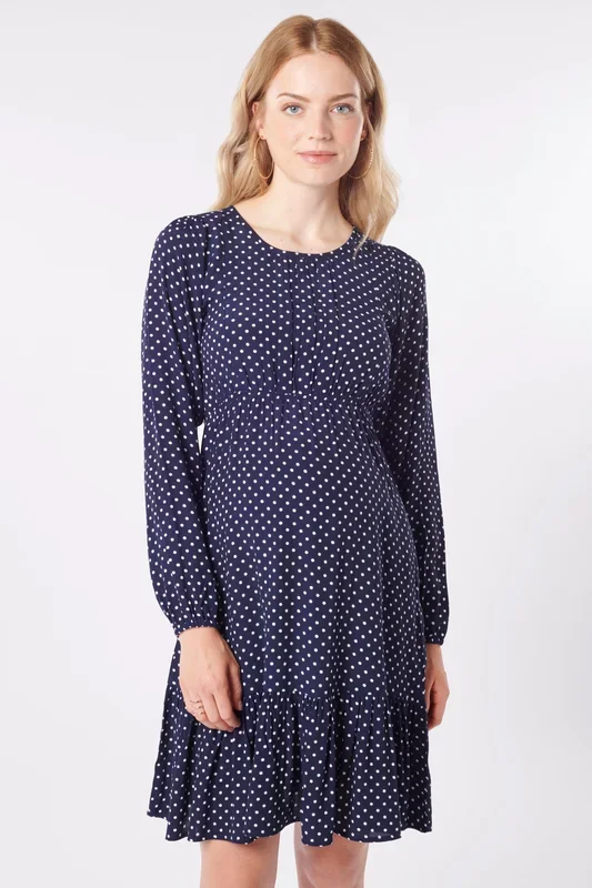Crepe maternity and nursing dress, polka dots, navy