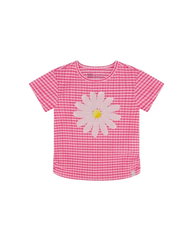 Crinkle Jersey Top With Flower Applique Vichy Pink