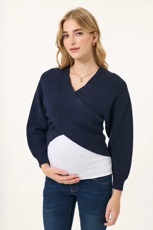 Crossover maternity and nursing sweater navy