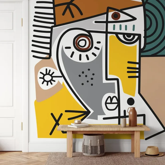 Cubism Wallpaper With A Bold Abstract Face In Yellow, Gray, And Brown – D570