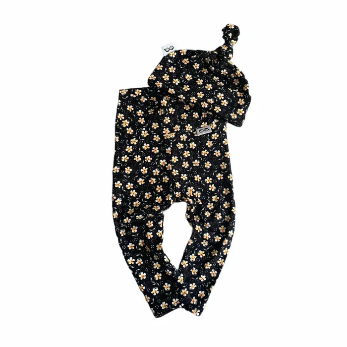 Dainty Floral Black Ribbed Leggings And/or Beanie Knot Hat