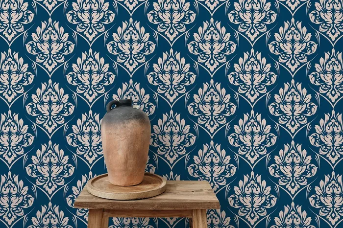 Damask Wallpaper With A Classic Ornate Motif In Blue And Beige – D227