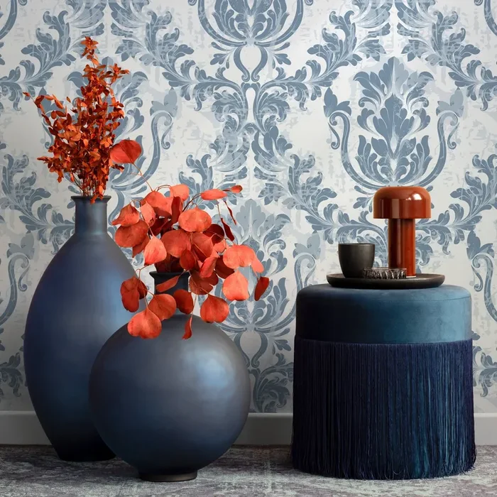 Damask Wallpaper With A Distressed Motif In Blue – B781