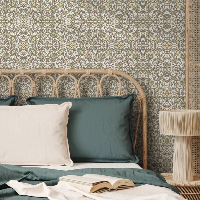 Damask Wallpaper With A Floral Arabesque Motif In Yellow, Green, And Blue – B788
