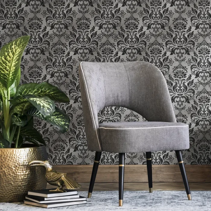 Damask Wallpaper With An Elegant Vintage Motif In Black And Grey – B734