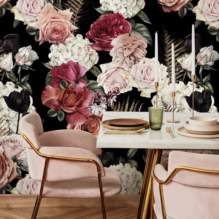 Dark Floral Wallpaper With A Moody Rose Motif In Pink And Red – B169