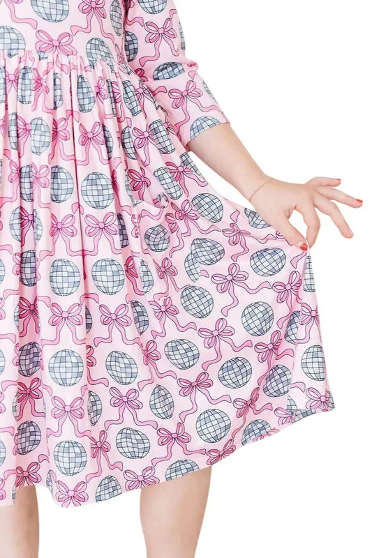 Disco Bows 3/4 Sleeve Pocket Twirl Dress