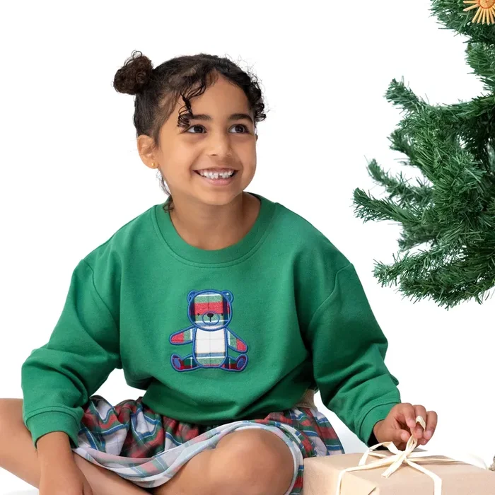 Drop Sleeve Bear Sweatshirt With Rib Cuffs