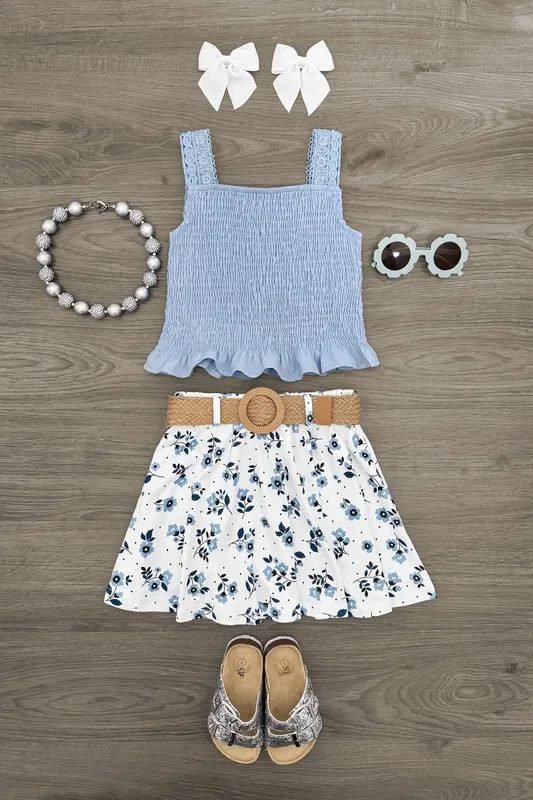 Dusty Blue Floral Skirt Set