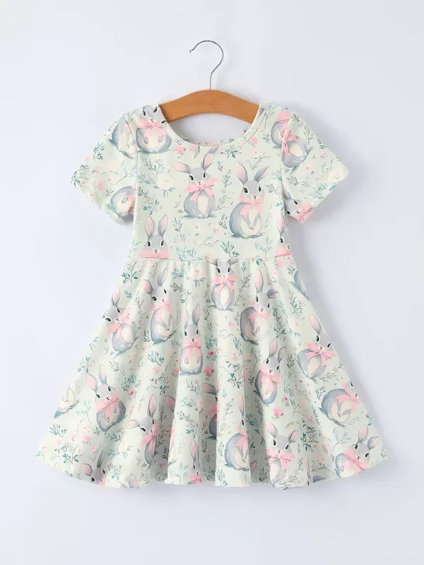Easter Bunny Bow Print Twirl Short Sleeve Dress